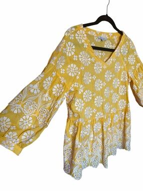 John Mark Yellow Boho V-Neck Embroidered Peasant Tunic NWOT